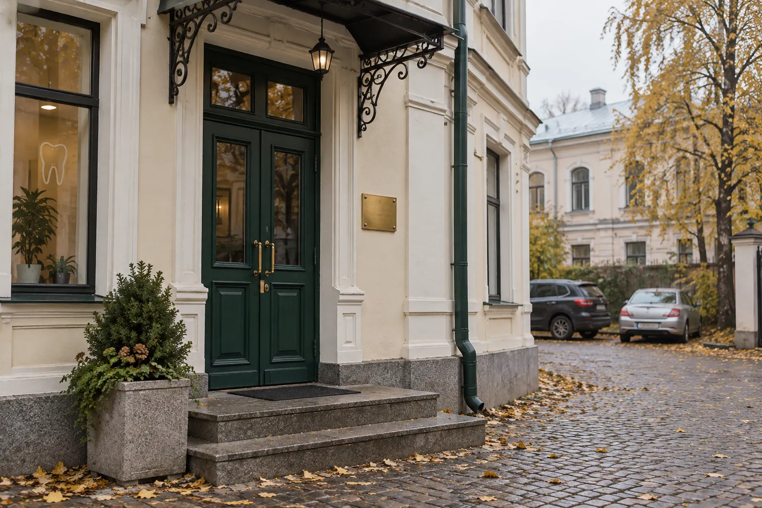 Зелёная дверь клиники в старом доме на улице Свободы